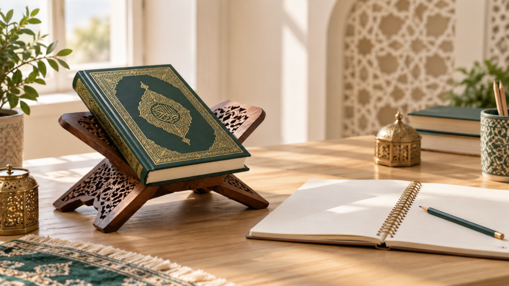 Quran on a wooden stand beside an open notebook in a sunlit study space.
